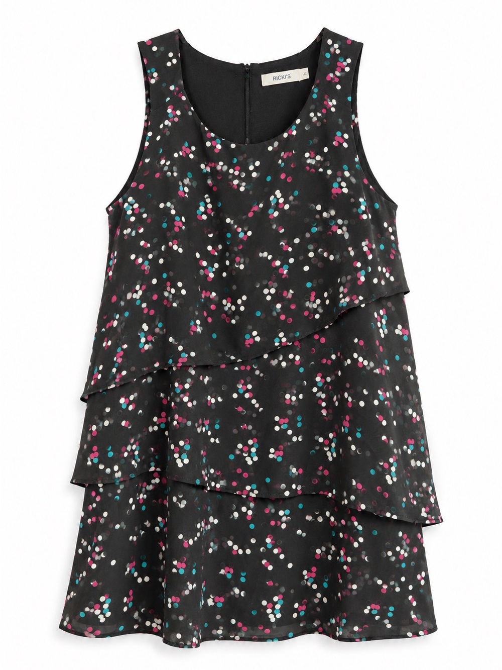 Ricki’s Black Confetti Print Tiered Ruffle Sleeveless Blouse Size Large